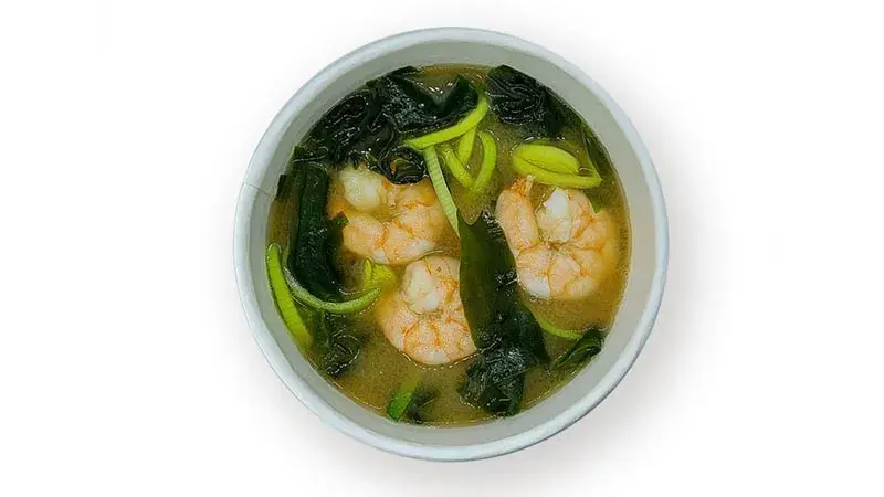 Sopa Miso Langostino Alga Wakame, Puerro, Langostino.