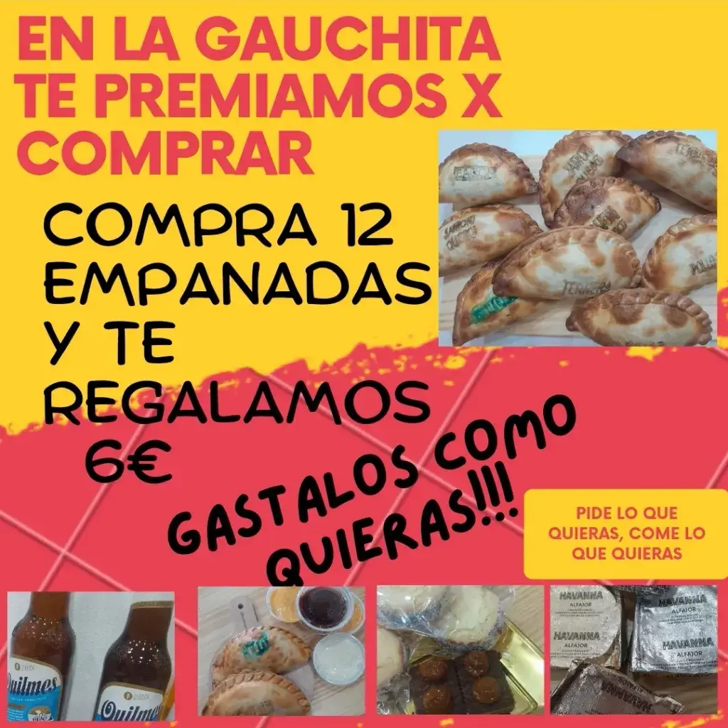 Promoción 1 Comprá 12 empanadas y te regalamos 6 €,  gastalos como quieras podes agregar cualquier producto de nuestro menú. 