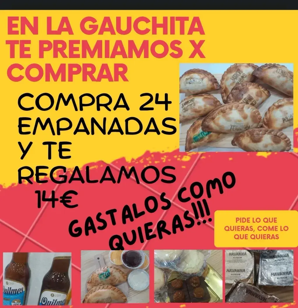 Promocion 2 Compra empanadas y te regalamos 14€, podes llevar cualquier producto de nuestro menú. 